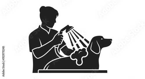 Dog Spa Day: A silhouette of a caring groomer giving a dog a relaxing spa day. Capturing the essence of dog grooming, cleanliness, and care.