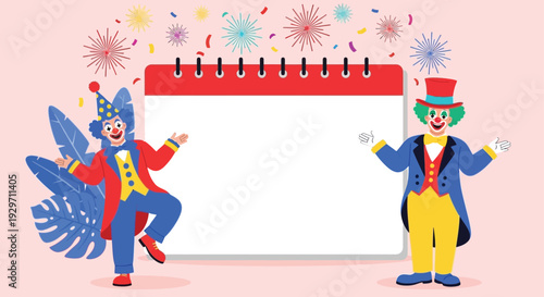 Celebratory clowns performing in front of a blank calendar for a festive occasion