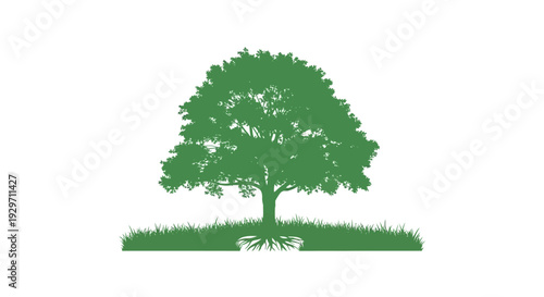 Lush Tree Silhouette: An isolated, vibrant tree silhouette stands with roots grounded in grass, celebrating life and nature.