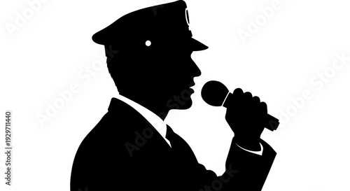 Silhouette of Authority: A commanding silhouette of an authoritative figure holding a microphone.