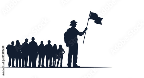 Leading the Way: A silhouette of a leader confidently holds aloft a flag, guiding a group towards an unseen destination, symbolizing direction and collective journey.