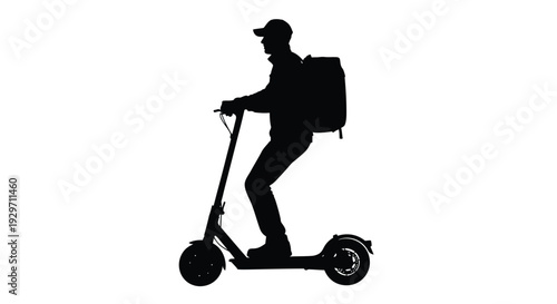 Black silhouette graphic illustration of a delivery person riding an electric scooter with a large backpack
