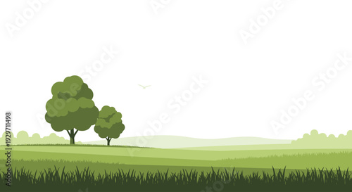 Tranquil Landscape Scene: A picturesque landscape, featuring lush green trees on a grassy field, under a soft and dreamy sky, offers a serene and calming atmosphere. 