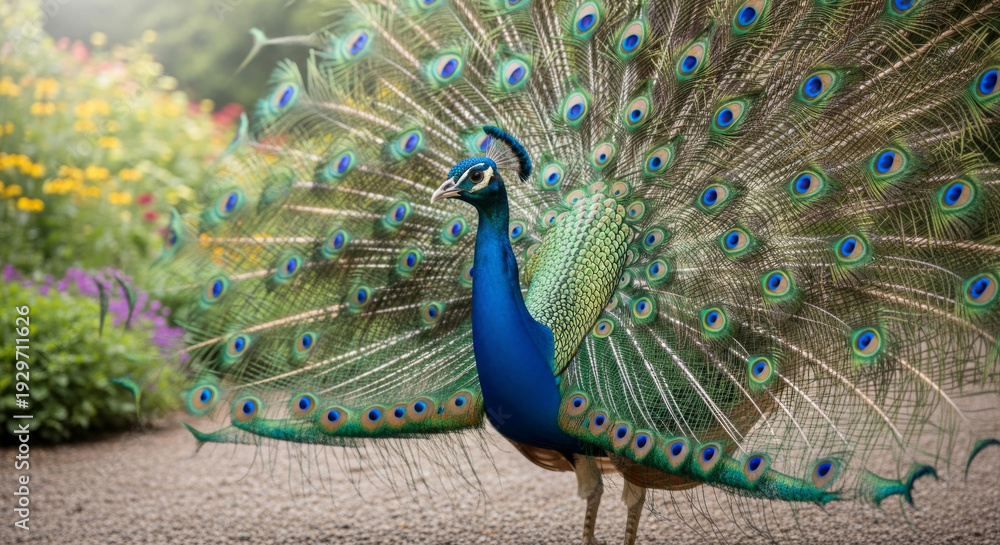 Obraz premium Vibrant Male Peacock Displays Its Exquisite Feathers in a Lush Garden Setting, Showcasing Natures Artistry