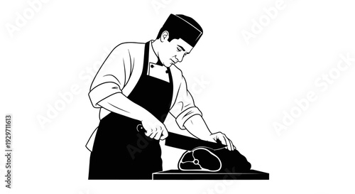 The Culinary Artist: A chef, focused and skilled, meticulously slices a cut of meat on a wooden board, embodying precision and artistry in the kitchen. 