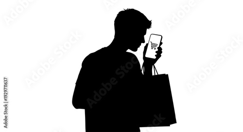 Silhouette Shopper with Smartphone: A silhouetted figure engrossed in online shopping, holding a smartphone displaying a digital shopping cart icon, with shopping bag.