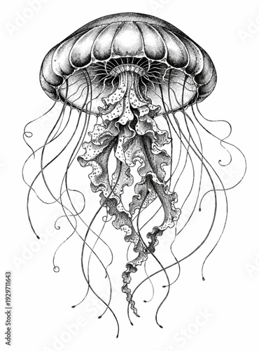 Jellyfish Vintage Engraved Marine Biology Illustration Isolated on White