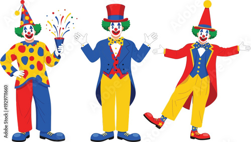 Three cheerful clowns performing with colorful outfits and playful gestures.