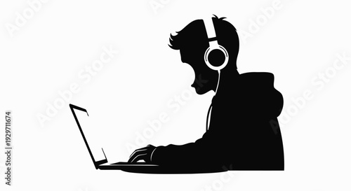 Silhouette of Digital Immersion: An individual engrossed in the digital realm, headphones enveloping the ears, fingers dancing across the keyboard, lost in a world of technology and information. 