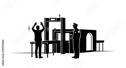 Security Check: A person walks through a security checkpoint, watched closely by a security officer. An image of law enforcement, protection and safety.