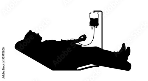 Blood Donation Silhouette: The silhouette of a person lying down during a blood donation, with a bag of blood hanging above, highlighting the act of giving.