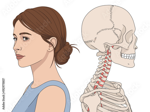 Human Neck Anatomy Illustration with Female Figure and Skeleton