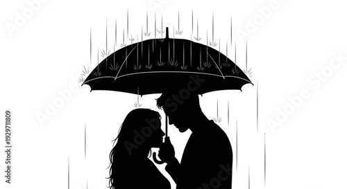 Love's Embrace in the Rain: A tender moment of love unfolds as a couple shelters beneath an umbrella, raindrops cascading around them, emphasizing their intimate connection.