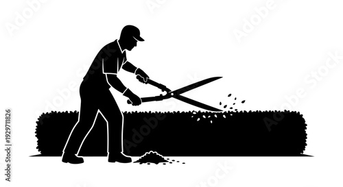 Gardener Pruning: A gardener in silhouette meticulously trims a vibrant hedge with large shears, demonstrating dedication and precision in shaping the natural beauty of the garden.