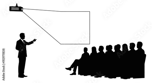 Silhouette of Presentation: A speaker delivers a presentation to an audience, their silhouettes stark against the bright projection screen, embodying focus and communication.