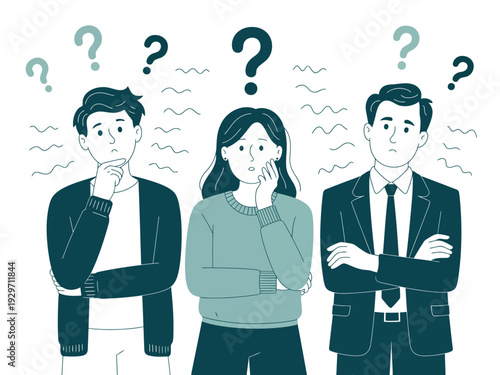 Confused people with question marks thinking, puzzled expressions, uncertainty concept illustration