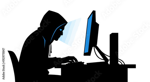 Cyber Intruder: A hooded figure hunched over a glowing monitor, illuminated with an eerie light, lost in the digital shadows, engrossed in unseen tasks 