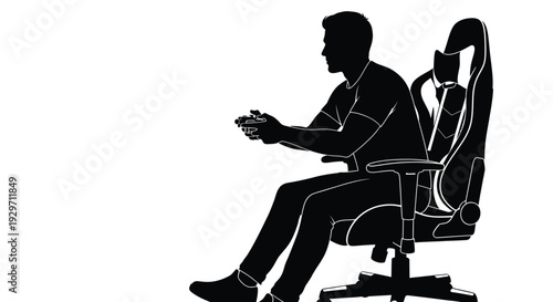 Silhouette vector graphic illustration of a focused young man playing video games using a controller while seated.