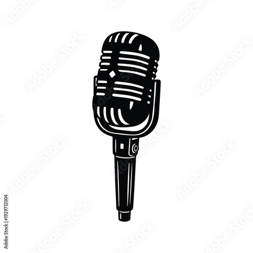 Vintage microphone illustration for podcasting and music in retro black and white vector style