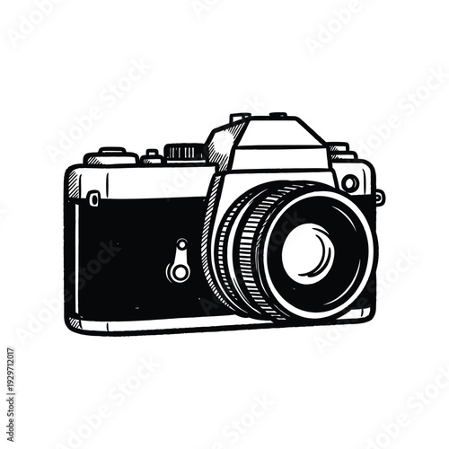 Vintage SLR camera hand-drawn ink sketch illustration isolated on white