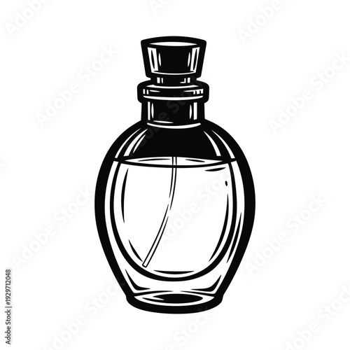 Perfume bottle illustration in black and white line art style for graphic design