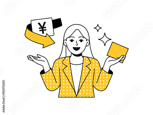 Cartoon woman holding yellow box and money symbol with a happy expression and sparkles