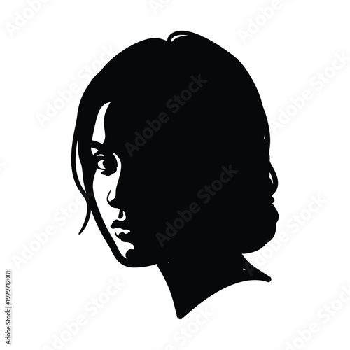Woman's face portrait in high contrast black and white stencil art style looking sideways