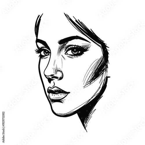 Beautiful woman face hand drawn ink sketch illustration in black and white line art style