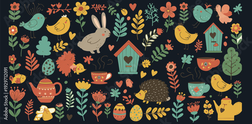 Whimsical garden scene with rabbit birdhouses flowers and teapots in a colorful illustration