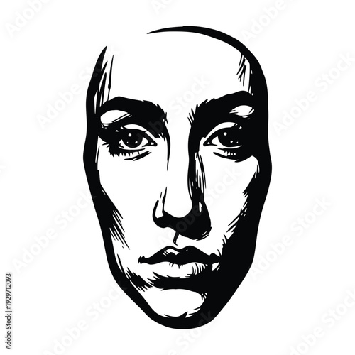 Woman's face with serious expression in hand-drawn black and white ink illustration style