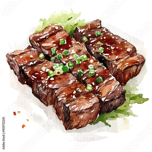 Bulgogi, watercolor vector portraying a joyful pose with colorful highlights, isolated on a white background.