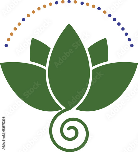 A stylized green lotus flower with a dotted circular border