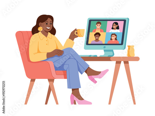 Woman Video Conferencing with Friends Online, Smiling and Holding a Cup of Coffee