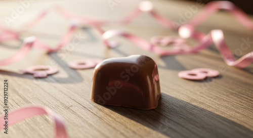 Heart-shaped Chocolate Sits on a Wooden Surface, Surrounded by Pink Ribbon and Decorative Confetti, Evoking a Romantic Atmosphere