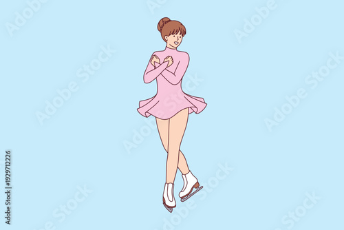 Young woman in pink dress performs technical jump and rotation on the ice rink. Athlete demonstrating high level of skill and coordination during professional sports training.