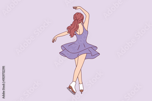 Back view of graceful young woman standing in elegant pose on the ice rink. Professional skater showcasing her beautiful fluffy purple dress and poise during winter sports competition.
