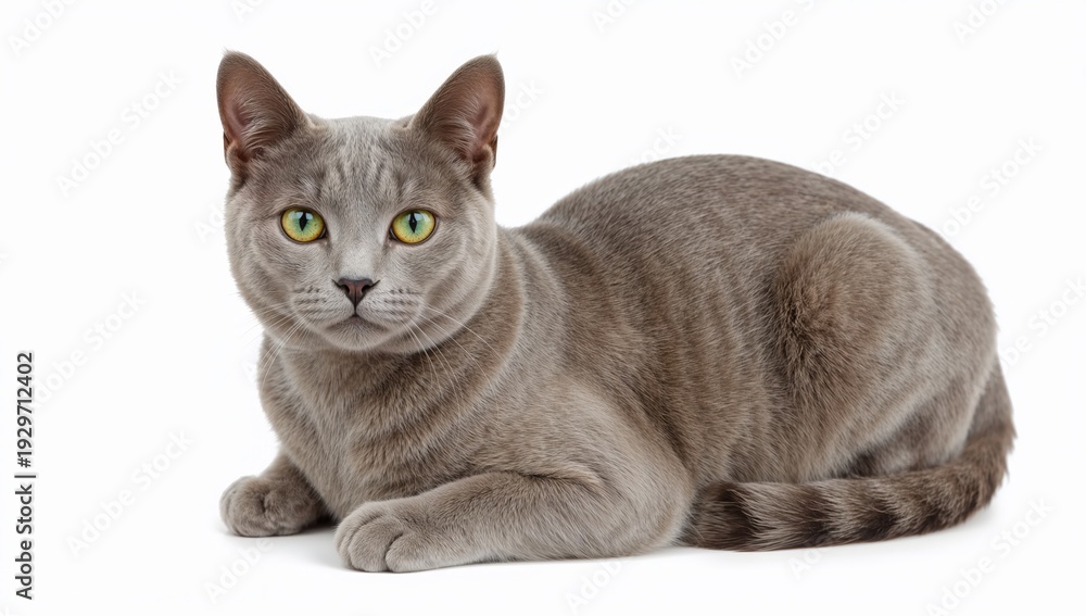 Fototapeta premium Elegant russian blue cat with silveryblue coat and vivid green eyes in a poised pose on white background