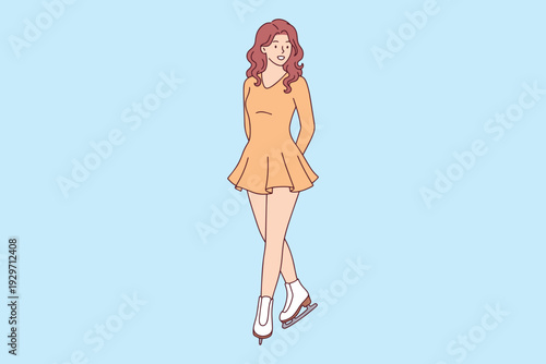 Professional female athlete in yellow dress posing at the winter sports arena. Figure skater demonstrating poise and beauty before starting her technical routine on the ice.