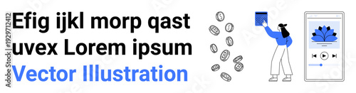 Digital marketing, ecommerce, mobile apps, user interaction, fintech, online payments. Minimalist design with text, scattered coins a person and a mobile app screen. Digital marketing and ecommerce