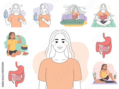 Woman with digestive health illustrations and various activities for gut wellness and nutrition