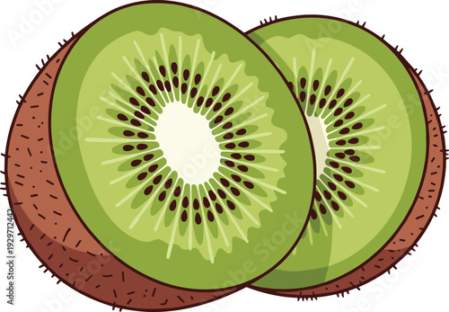 Kiwi fruit slices isolated on transparent background showing green flesh black seeds and brown hairy skin