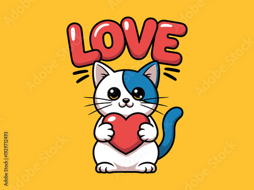 Colorful cartoon cat holding heart with love text on yellow background illustration