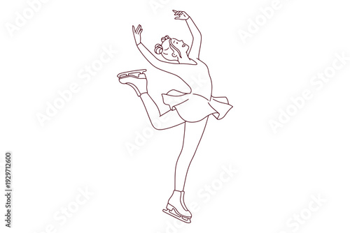 Female figure skater performing a difficult leg lift while gliding. Black and white line art coloring page highlighting flexibility, strength, and grace in ice skating.