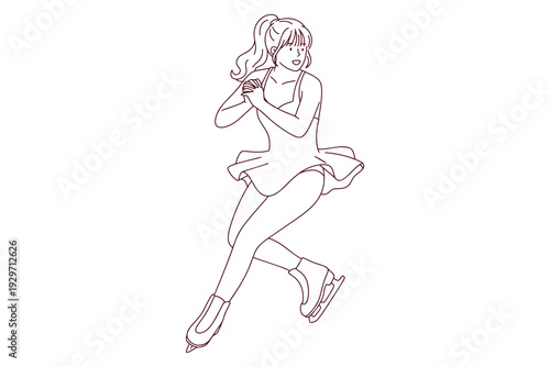 Black and white outline of a figure skater in a white dress focusing on her technique. Coloring page depicting the glide and concentration required for professional winter sports.