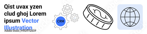 Business management, global marketing, financial transactions, technological systems, digital operations, enterprise solutions. CRM gear, coin globe icon. Business management and global marketing