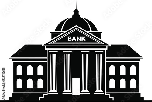Black and white illustration of a bank building
