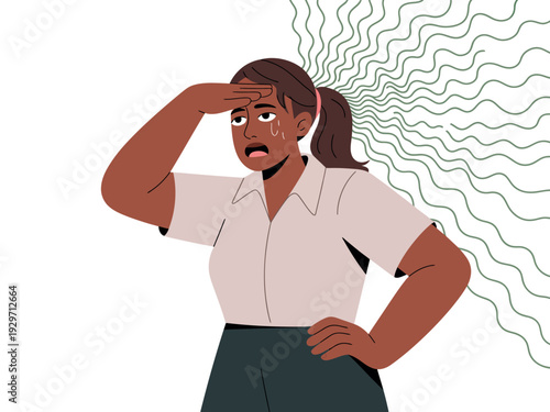 Woman experiencing heat stress outdoors, feeling overheated and sweaty in summer