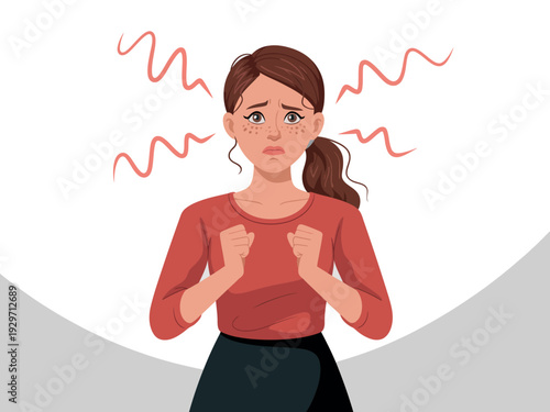 Angry Woman with Clenched Fists and Red Squiggles Expressing Frustration and Emotions