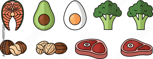 Ketogenic diet food healthy eating set includes salmon avocado egg broccoli nuts and beef steaks