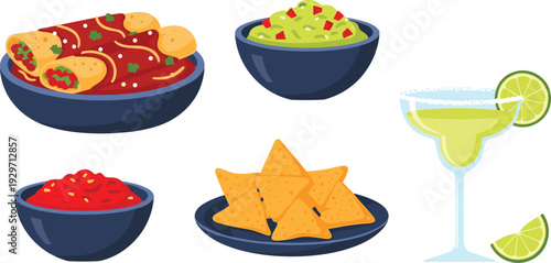 Mexican food set enchiladas guacamole salsa tortilla chips and margarita drink